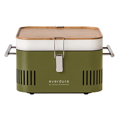 everdure by heston blumenthal Holzkohlegrill CUBE I mobiler Outdoor-Gril in Kakil I tragbarer Gourmet-Grill mit porzellanemaillierter Grillwanne I Camping-Grill mit Stauraum & Schneidebrett von Everdure