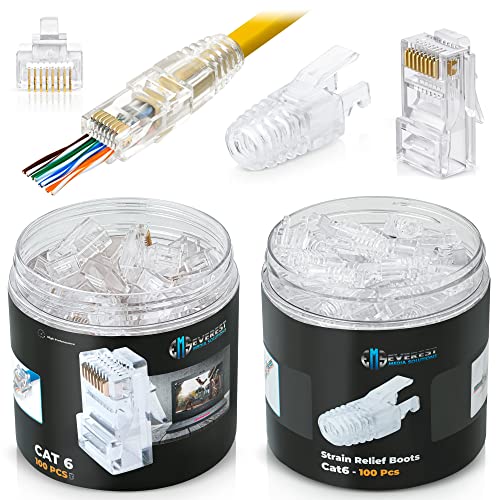 Everest Media Solutions RJ45 Cat6 Pass Through Connectors and Strain Relief Boots, Pack of 100/100 | EZ Modular Plug for Solid or Stranded UTP Network Cable von Everest Media Solutions