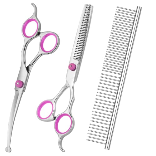 Hundepflege-Scherenschnitt, Katzenhaare schneiden Trimmen Scheren - Edelstahl gerade Scheren, gebogene Scheren, Pflegekamm (Haustierscheren 3er-Set rosa) von Everesta
