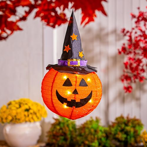Evergreen Hängende LED Stoff Hexenhut Jack O'Lantern Kürbis Laterne Halloween Windsack Hängende Dekoration mit LED Lichtern von Evergreen Flag