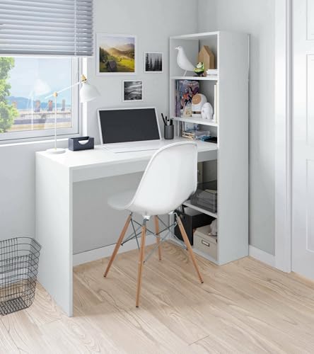 Dmora - Schreibtisch Denton, Wendeschreibtisch mit Bücherregal mit 5 Böden, Studier- oder Bürotisch für PC-Buchhalter, cm 120x53h144, Weiß von Evergreen-House