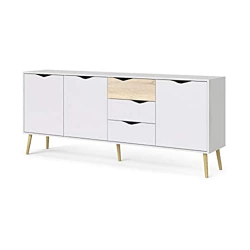 Dmora Sideboard mit drei Türen und drei Schubladen, Weiß und Eiche, Maße 195 x 81 x 39 cm von Dmora