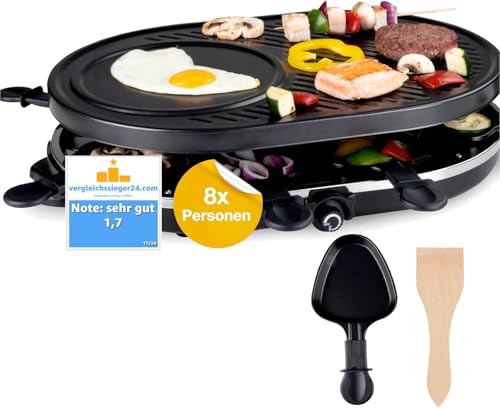 Raclette Set für 8 Personen - Grill oval - Crepes Funktion - Tischgrill inkl. Pfännchen & Schaber mit Grillplatte - (RUND) von Everhomely