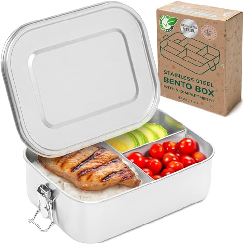 Everusely - Bento Box - Edelstahl-Lunchbox für Erwachsene - 1,2 L - 3-Fach-Snackbehälter + abnehmbarer Silikondichtung + sicheren Verschlussclips Everusely - Bento Box - Edelstahl-Lunchbox für Erwachsene - 1,2 L - 3-Fach-Snackbehälter + abnehmbarer Silikondichtung + sicheren Verschlussclips von Everusely
