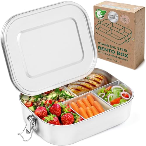 Everusely - Bento Box - Edelstahl-Lunchbox für Erwachsene - 1,4 L - Snackbehälter + 5 Fächern, abnehmbarer Silikondichtung + sicherem Verschlussclip Everusely - Bento Box - Edelstahl-Lunchbox für Erwachsene - 1,4 L - Snackbehälter + 5 Fächern, abnehmbarer Silikondichtung + sicherem Verschlussclip von Everusely