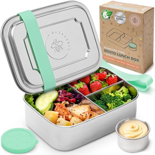 Everusely – Bento-Box für Kinder – Grün - 1,1 L – Lunchbox aus Edelstahl mit auslaufsicherem Gewürzbehälter – Snackbehälter mit 3 Fächern von Everusely