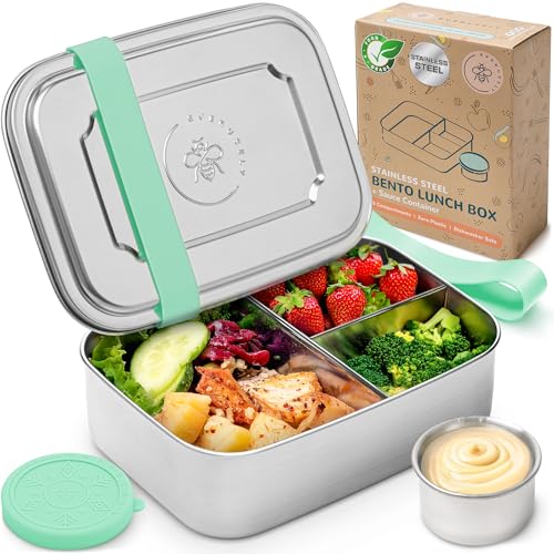 Everusely – Bento-Box für Kinder – Grün - 1,4 L – Lunchbox aus Edelstahl mit auslaufsicherem Gewürzbehälter – Snackbehälter mit 3 Fächern Everusely – Bento-Box für Kinder – Grün - 1,4 L – Lunchbox aus Edelstahl mit auslaufsicherem Gewürzbehälter – Snackbehälter mit 3 Fächern von Everusely