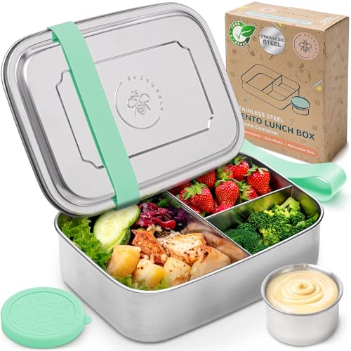 Everusely – Bento-Box für Kinder – Grün - 1,8 L – Lunchbox aus Edelstahl mit auslaufsicherem Gewürzbehälter – Snackbehälter mit 3 Fächern von Everusely