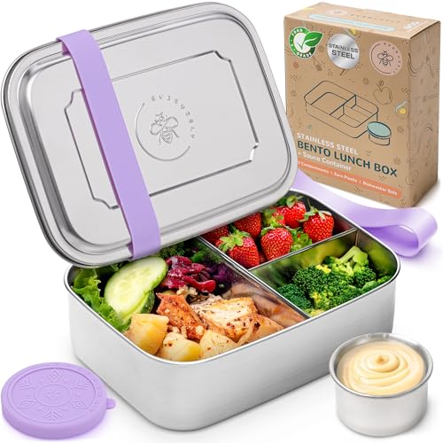Everusely – Bento-Box für Kinder – Lavendelgrün - 1,4 L – Edelstahl-Lunchbox mit auslaufsicherem Gewürzbehälter – Snackbehälter mit 3 Fächern von Everusely