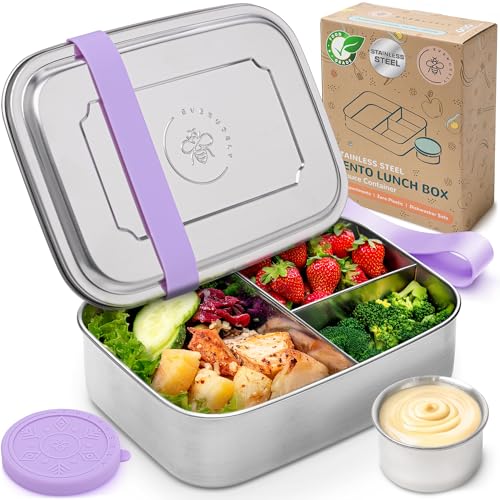 Everusely – Bento-Box für Kinder – Lavendelgrün - 1,8 L – Edelstahl-Lunchbox mit auslaufsicherem Gewürzbehälter – Snackbehälter mit 3 Fächern von Everusely