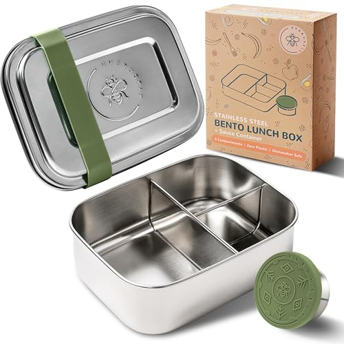 Everusely - Bento Box für Kinder - Sage - Lunchbox aus Edelstahl mit auslaufsicherem Gewürzbehälter - Snackbehälter mit 3 Fächern von Everusely