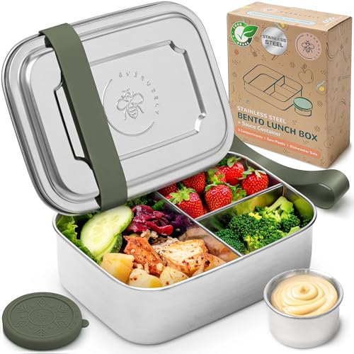 Everusely – Bento-Box für Kinder – Salbeigrün - 1,1 L – Lunchbox aus Edelstahl mit auslaufsicherem Gewürzbehälter – Snackbehälter mit 3 Fächern von Everusely