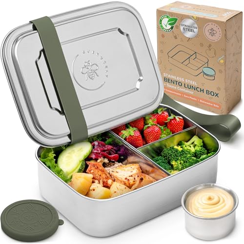 Everusely – Bento-Box für Kinder – Salbeigrün - 1,4 L – Edelstahl-Lunchbox mit auslaufsicherem Gewürzbehälter – Snackbehälter mit 3 Fächern von Everusely