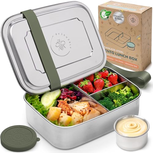 Everusely – Bento-Box für Kinder – Salbeigrün - 1,8 L – Edelstahl-Lunchbox mit auslaufsicherem Gewürzbehälter – Snackbehälter mit 3 Fächern von Everusely