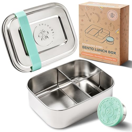 Everusely – Bento-Box für Kinder – Grün - 0,8 L – Lunchbox aus Edelstahl mit auslaufsicherem Gewürzbehälter – Snackbehälter mit 3 Fächern von Everusely