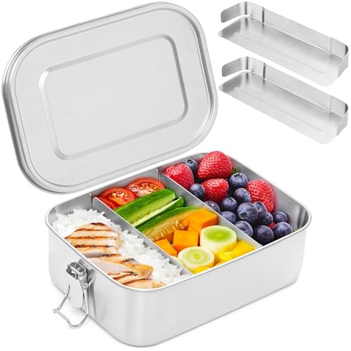 Everusely - Edelstahl-Lunchbox - 1200 ml, 2 verstellbare Trennwände - Auslaufsichere Bento-Behälter für Erwachsene & Kinder - Lebensmittelaufbewahrungsboxen für Snacks und Salate Everusely - Edelstahl-Lunchbox - 1200 ml, 2 verstellbare Trennwände - Auslaufsichere Bento-Behälter für Erwachsene & Kinder - Lebensmittelaufbewahrungsboxen für Snacks und Salate von Everusely