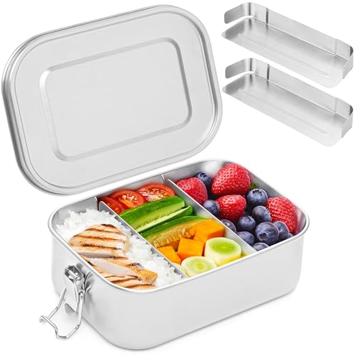 Everusely - Edelstahl-Lunchbox - 800 ml, 2 verstellbare Trennwände - Auslaufsichere Bento-Behälter für Erwachsene & Kinder - Lebensmittelaufbewahrungsboxen für Snacks und Salate Everusely - Edelstahl-Lunchbox - 800 ml, 2 verstellbare Trennwände - Auslaufsichere Bento-Behälter für Erwachsene & Kinder - Lebensmittelaufbewahrungsboxen für Snacks und Salate von Everusely