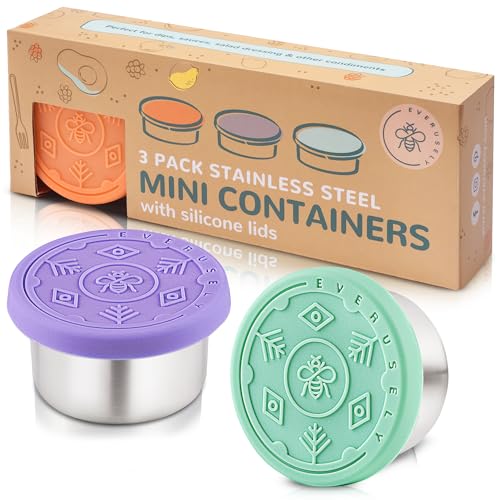 Everusely – Gewürzbehälter – 3er-Set, 50 ml – auslaufsicherer Salatdressing-Halter – kleine To-Go-Soßenbehälter aus Edelstahl mit Deckel von Everusely