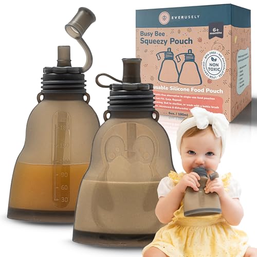 Everusely Wiederverwendbare Babynahrungsbeutel für Kleinkinder – 2er-Pack, 180 ml, Schiefer – Quetschbarer Silikon-Lebensmittelbeutel – Nachfüllbar, auslaufsicher, spritzwassergeschützt von Everusely
