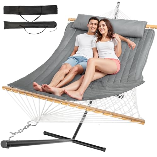 Everyfun Hängematte für 2 Personen im Freien mit Ständer, Baumwollseil-Hängematte mit Polyester-Pad, Verstellbarer Stahlrahmen, tragbar mit Tragetasche, für Terrasse, Hinterhof, Garten, Strand von Everyfun