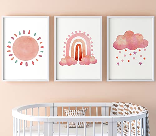 Sonnenschein Regenbogen Regenwolke Set aus 3 Ungerahmter Druck, Kunst im Boho-Stil, Kinderzimmer-Wandkunst, Kunst im Boho-Stil, Dekor im Babyzimmer, Rosa, Mädchen Schlafzimmer Dekor (A3) von Eviepops Prints