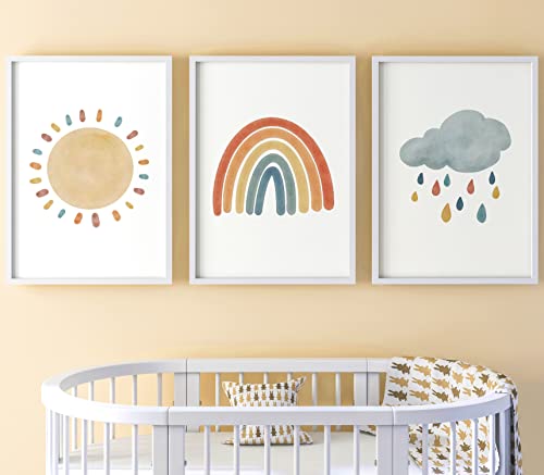 Sonnenschein Regenbogen Set aus 3 Ungerahmter Druck, Kunst im Boho-Stil, Kinderzimmer-Wandkunst, Kunst im Boho-Stil, Dekor im Babyzimmer, Unisex-Dekor, Spielzimmer-Poster, Regenwolke (A3) von Eviepops Prints