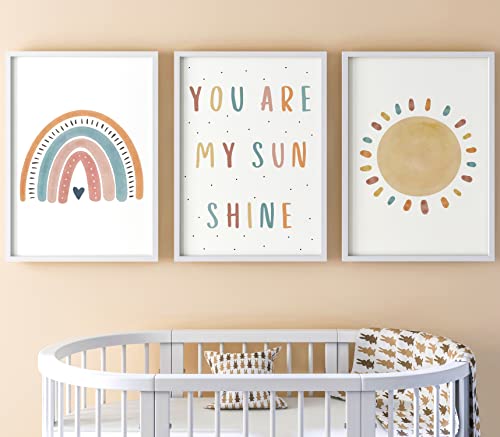 You Are My Sunshine Set aus 3 Dekor im Regenbogenstil, Ungerahmter Druck, Kinderzimmer-Wandkunst, Kinderreim-Songtexte, Kunst im Boho-Stil, Dekor im Babyzimmer, Spielzimmer-Poster, Sonnenschein (A3) von Eviepops Prints