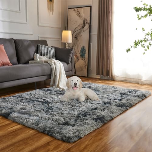 Evitany Hochflor Teppich Wohnzimmer Rutschfester Indoor Fluffy Dicker Teppich Bunte Zottige Teppiche für Raumdekor (160 x 230 cm, Dunkelgrau) von Evitany