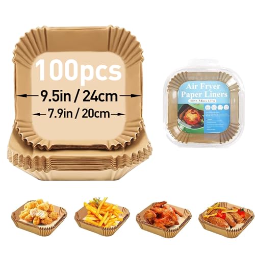 Evmyo 100 Stück Backpapier für Heißluftfritteuse, 20cm Quadrat AirFryer Backpapier, Antihaft-Einweg Heißluftfritteuse Pergamentpapier Liner für 4.5-6L Air fryer Bratpfanne Ofen Mikrowelle von Evmyo