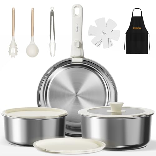 EVOFAR 14-teiliges Edelstahl-Kochgeschirr-Set, abnehmbare Töpfe und Pfannen, Set mit abnehmbarem Griff, ungiftig, platzsparend, Wohnmobil, Camping-Kochgeschirr, Induktionskochgeschirr, spülmaschinen von EvoFar