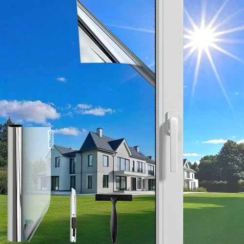 (100X200cm Silber) Fensterfolie Sonnenschutz Hitzeschutz innen oder außen | Rückstandslose Spiegelfolie Fenster Hitzeschutz | Selbstklebend UV Schutzfolie Fenster | Spiegelfolie| Sonnenschutzfolie von Evofensteere