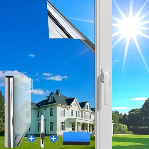 Evofensteere(60X400cm Silber) Fensterfolie Sonnenschutz Hitzeschutz innen oder außen | Rückstandslose Spiegelfolie Fenster Hitzeschutz | Selbstklebend UV Schutzfolie Fenster | Sonnenschutzfolie von Evofensteere