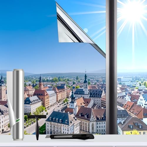 Evofensteere (Silber 90X200cm) UV-Schutz Sonnenschutzfolie Fenster innen oder außen,Selbstklebend Ohne Rückstände Thermofolie Fenster Gegen Hitze, spiegelfolie Fenster sichtschutz für Büro und Haus von Evofensteere