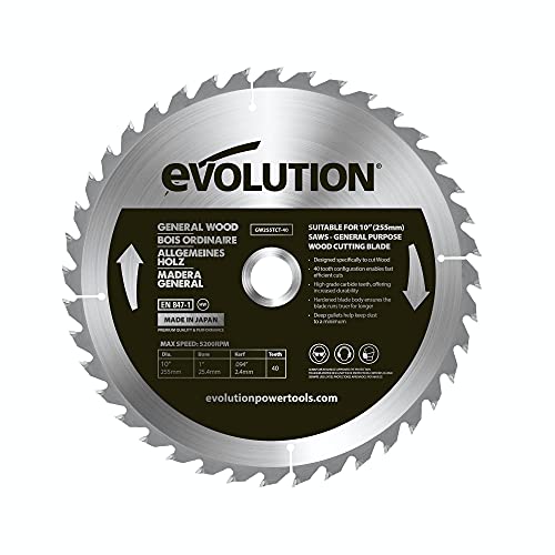Evolution Power Tools GW255TCT-40 General Wood Carbide Tipped TCT Blade, For Table Saws and Mitre Saws, Smooth and Fast Cuts In Wood, Clean, Splinter Free Cut, 40 Teeth, 255 mm von Evolution Power Tools