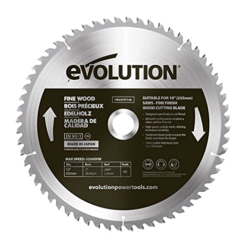 Evolution Power Tools FW255TCT-60 Fine Finish Wood Cutting TCT Tungsten Carbide Saw Blade, For Mitre & Table Saws, Smooth Fast Cuts In Sheet, Ply & Hardwood, Clean, Splinter Free Cut, 60 Teeth, 255mm von Evolution