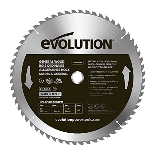 Evolution GW355TCT-60 - 355-mm-Holzsägeblatt – Hartmetallbestückte 60-Zahn-Konfiguration ermöglicht schnelle, effiziente Schnitte von Evolution