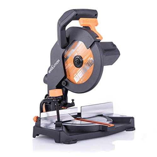 Evolution Gehrungssäge R210CMS | 1200 W Gehrungssäge | Inkl. Ø 210 mm HM-Sägeblatt Multi-Material-Schneiden Holz, Aluminium, Stahl, Kunststoff | 0°- 45° Fase und 45°- 45° Gehrungswinkel | Kappsäge von Evolution Power Tools
