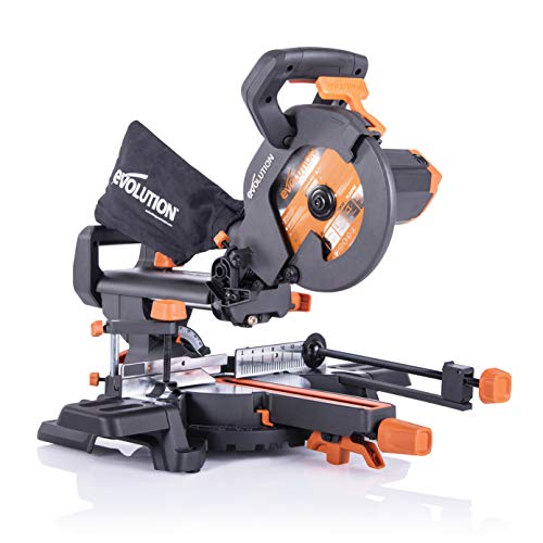 Evolution Schiebe-Kapp- und Gehrungssäge R210SMS+ | 1500 W, 230 mm Gleitfunktionalität, Schrägschnitt, Gehrungswinkeln | Ø 210 mm HM / TCT Sägeblatt für Multimaterialschnitt | Zug-kapp-gehrungssäge von Evolution Power Tools