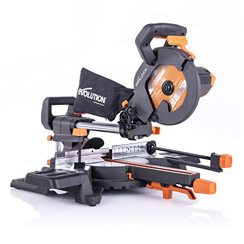 Evolution Power Tools - R210SMS-300+ Mehrzweck-Gleit-Gehrungssäge mit Plus Pack, Multi-Material Holz, Metall, Kunststoff schneiden, TCT-Blatt inklusive, 210 mm (230 V) von Evolution