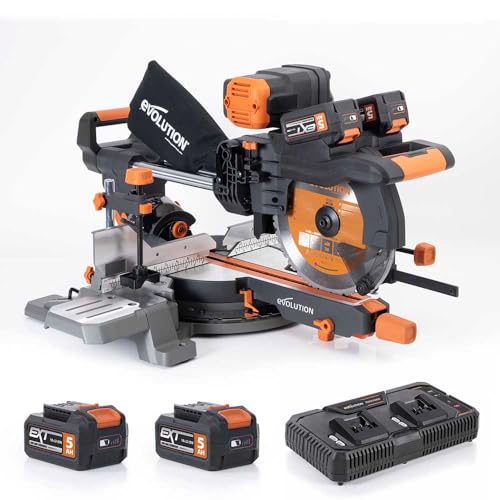 Evolution Power Tools R255SMS-DB-Li Akku-Doppelgehrungssäge bürstenlosem, Gleitfunktion 2x18V Li-Ion Universalsägeblatt, schneidet Holz Metall Kunststoff, Akku im Lieferumfang inbegriffen, 255 mm von Evolution Power Tools