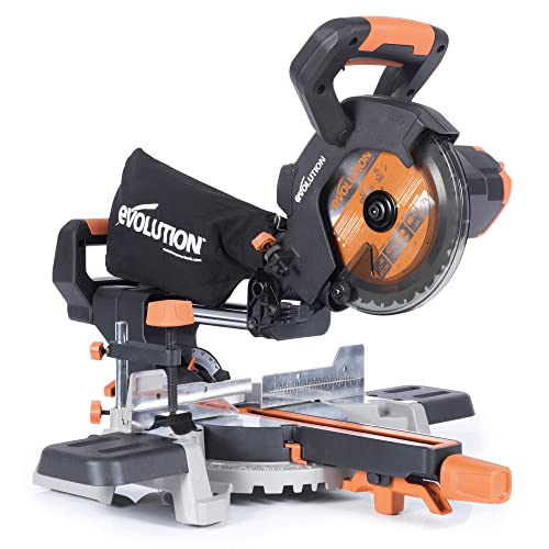 Evolution R185SMS-Li Akku-Gleitgehrungssäge mit Mehrzweck-Schneide, 45° Fasen-, 50° Gehrungsschnitte, 850 W – 185 mm TCT-Sägeblatt im Lieferumfang enthalten, 3 Jahre Garantie von Evolution Power Tools