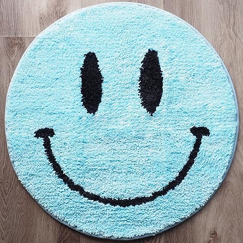 Blauer Smiley-Teppich, lustige Badematte, niedliche Badezimmerdekoration, Emoji, Duschteppich, Retro, flippig, Schlafzimmer, ästhetisch, lustig, rund, adrett, cool, Wohnung, College, waschbar, Neuheit von Evovee