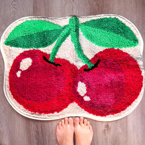 Evovee Cherry Rug Funny Bath Mat Red Cute Cherries Bathroom Decor Pink Fruit Shower Rugs Retro Funky Bedroom Aesthetic Fun Round Preppy Cool Apartment College Novelty Bathmat von Evovee
