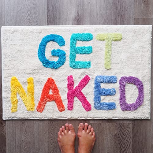 Evovee Get Naked Badematte, Regenbogenfarben, lustig, niedlich, bunt, Badezimmerteppich, mehrfarbig, Weiß, cremefarben, Dusche, lustige Badezimmerdekoration, lustige Badematte, rutschfest von Evovee