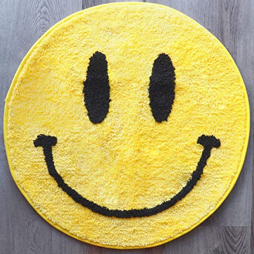 Gelber Smiley-Gesichtsteppich, lustige Badematte, niedliche Badezimmerdekoration, Emoji, Duschteppich, Retro, flippig, Schlafzimmer, ästhetisch, lustig, rund, adrett, waschbar, Neuheit Badematte von Evovee