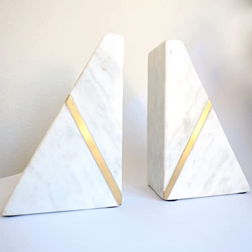 Marmor Buchstützen Handarbeit Schwerer Marmor Dreieckiges Bücherregal Dekor Messing Inlay Set von 2 Dekorative Buchstützen Buchstopper mit rutschfester Unterseite Solide Home Küche Büro Regale Dreieck von Evovee