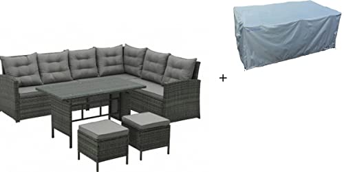 EVRE Monroe 8-Sitzer-Gartenmöbel, Rattan, Esszimmer-Set, Tisch, Sofa, Bank, Grau mit Bezug von Evre