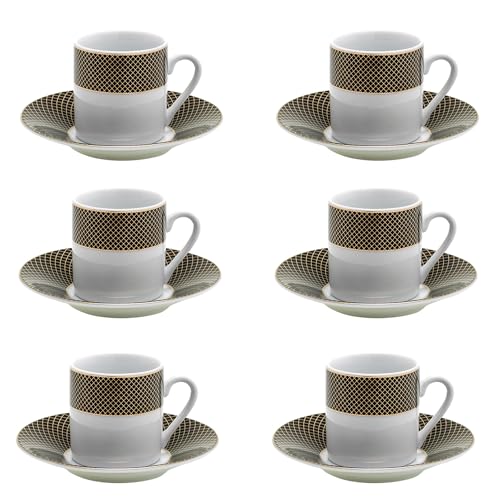 Evviva Set aus 6 Kaffeetassen aus Porzellan mit Untertassen, Farbe Weiß/Gold/Schwarz, Fassungsvermögen 90 cc, elegantes und modernes Design von Evviva