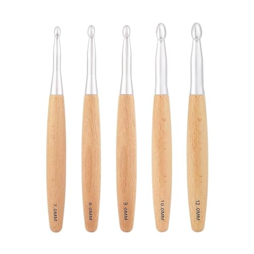 Evvmnaks Großes Häkelnadel-Set mit aus Buchenholz, Haken für grobe Drähte, Größe 7 mm, 8 mm, 9 mm, 10 mm, 12 mm, langlebig, einfach zu bedienen, tragbar von Evvmnaks