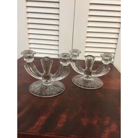Vintage Tiffin Elegantes Glas Doppel Kerzenhalter - Set Von Zwei von EwasAntiqueShop